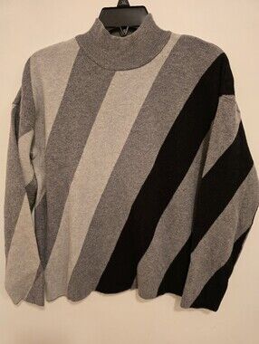 Tahari Striped Soft Mock Neck Sweater - Gray & Black